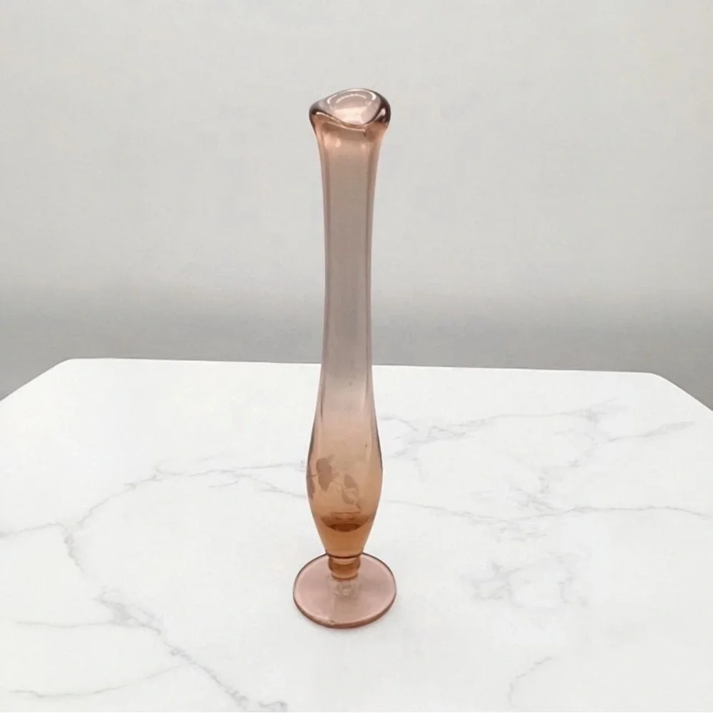 Pink Depression Glass Bud Vase Etched Floral Stretched Pedestal Art Vtg 9.5